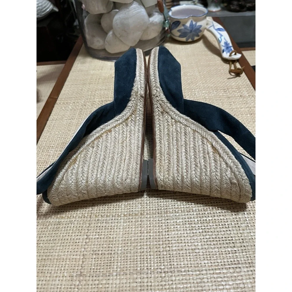 Michael Kors‎ Blue Suede Leather 7.5 Peep Toe Sling Back Wedge Espadrille Heels